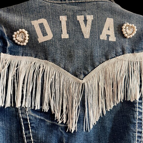 Custom One Of A Kind "Diva" Fringe and Rhinestone Jean Denim Jacket Kids Size L - Picture 3 of 6